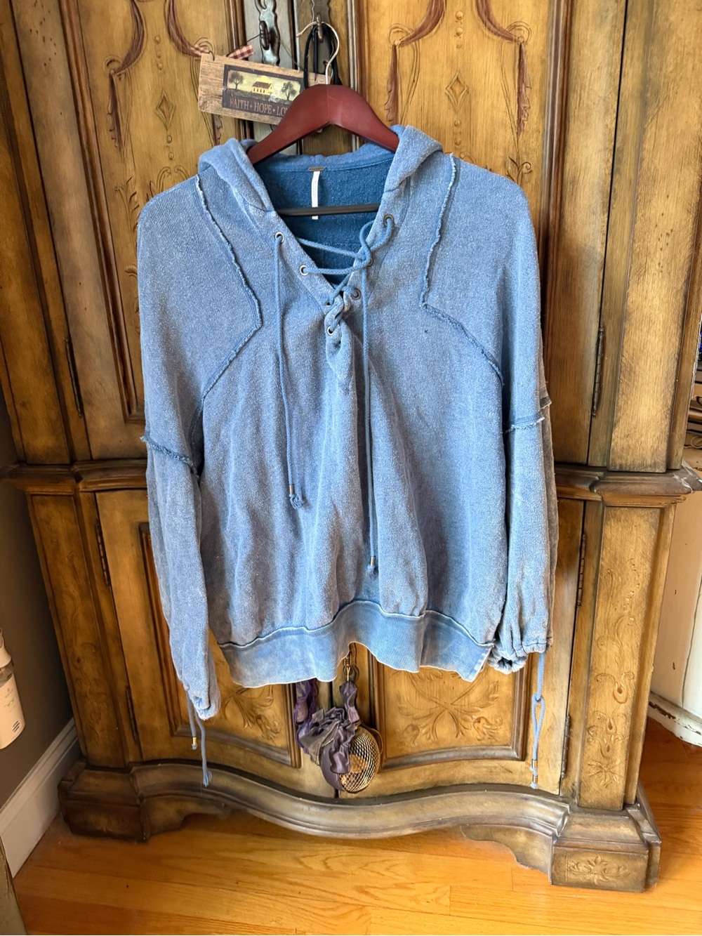 Free People Sky Blue Hooded Lace-Up Pullover